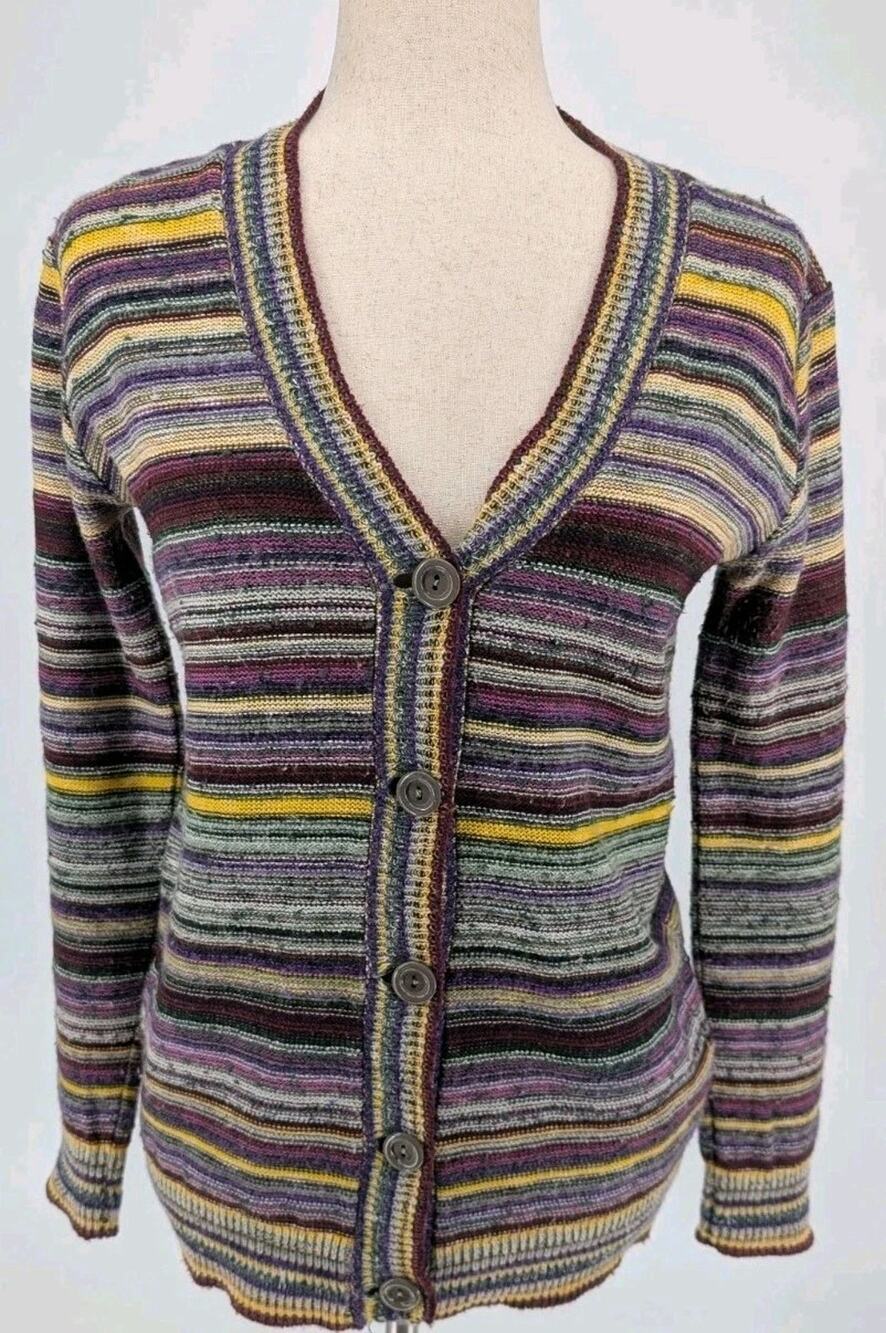 Vintage Italian Wool Blend Striped Knit Cardigan Women’s Small Medium Retro Boho